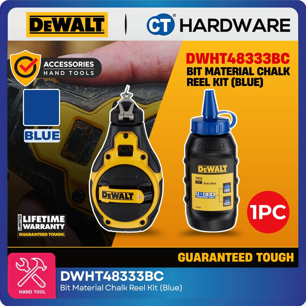 DEWALT DWHT48333BC Bi-Material Chalk Reel Kit with Blue Chalk | 4:1 Fast Rewind Chalk Line Reel