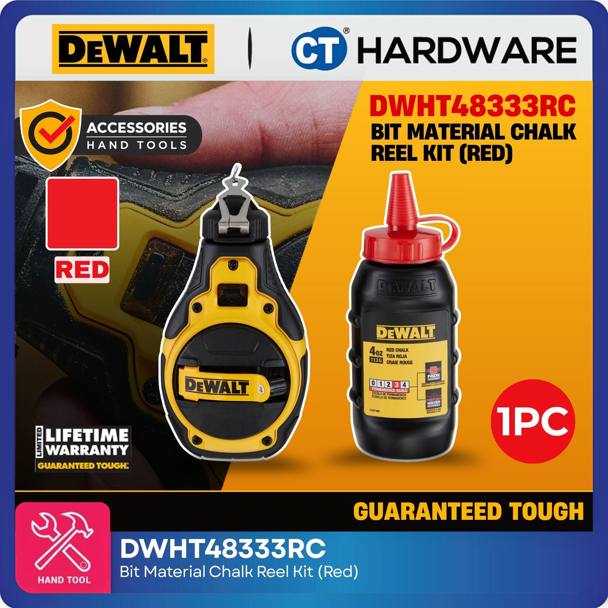 DEWALT DWHT48333RC Bi-Material Chalk Reel Kit with Red Chalk | 4:1 Fast Rewind Chalk Line Reel