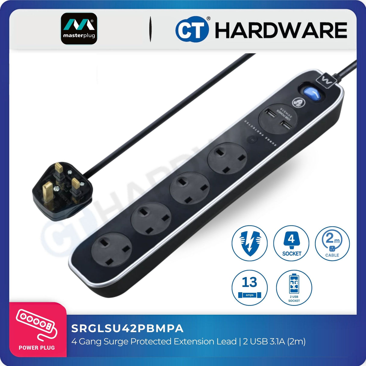 Masterplug SRGLSU42PB-MPA 4-Gang Surge Protected Extension Lead | 2 USB 3.1A (2m)