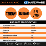 BLACK+DECKER BEPW1300-XD High Pressure Cleaner | 1300W | 110 Bar | 6.6L/min | Compact Electric Pressure Washer