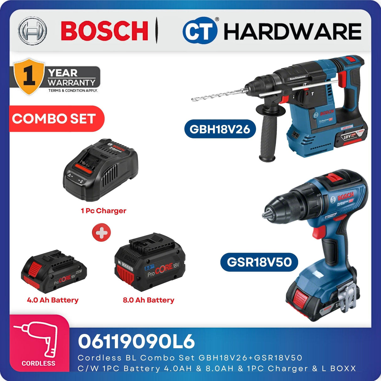 Bosch 06119090L6 Cordless BL Combo Set GBH18V26 + GSR18V50 with 4.0Ah & 8.0Ah Batteries, Charger & L-BOXX