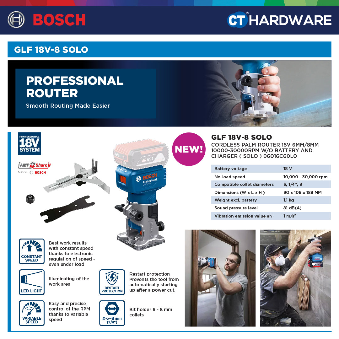 Bosch GLF18V-8 Palm Router | Brushless Motor | 1/4" & 6mm & 8mm Collets | Cordless 18V [06016C60L0]