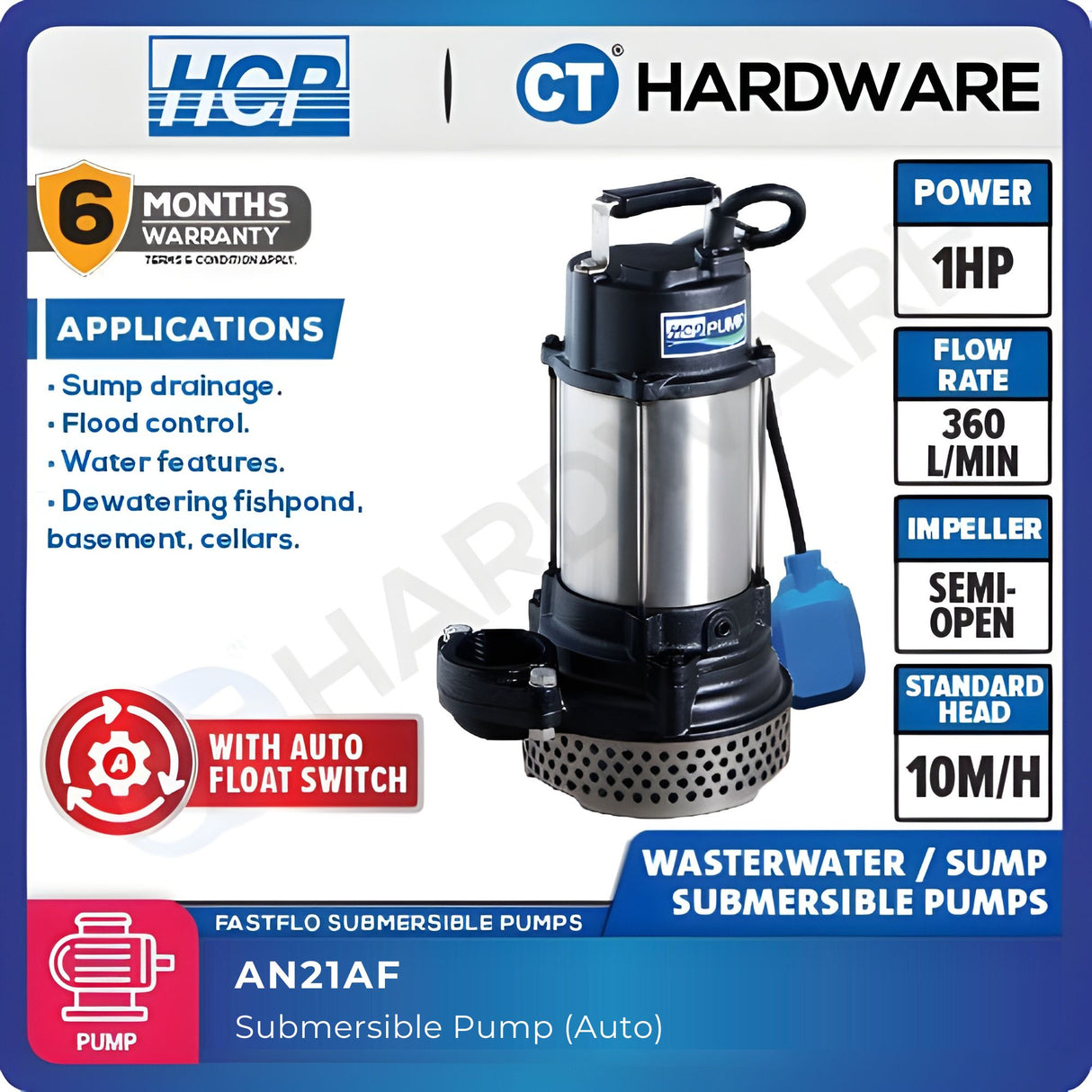HCP AN21AF SUBMERSIBLE WASTEWATER SUMP PUMP 2" | 1HP | MAX 360L/MIN | MAX HEAD 10M | AUTO [ A21F ]