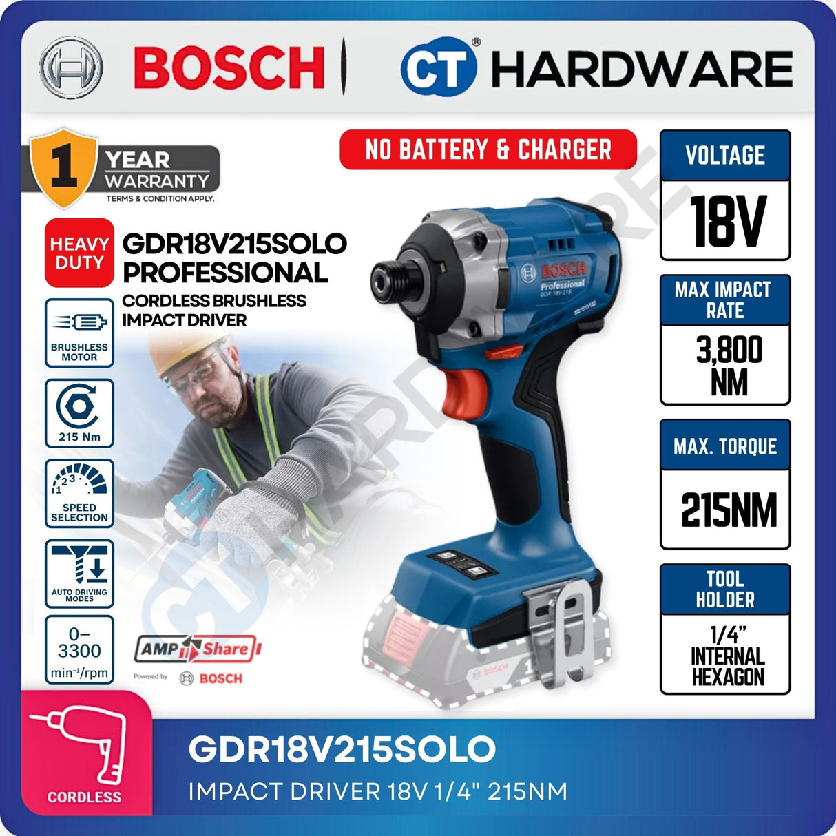 🎁 Bosch GDR 18V-215 SOLO Cordless Brushless Impact Driver 18V 1/4" 220NM [ 06019L60L0 | GDR18V215SOLO ] (100% off)