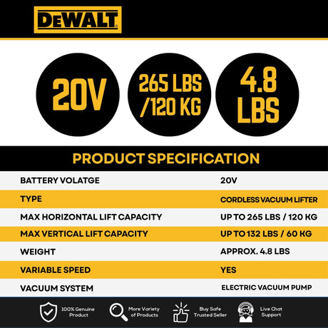 DEWALT DCE592B 20V MAX Cordless GRABO Vacuum Lifter with DCB183 2.0Ah Battery & DCB1104 Charger