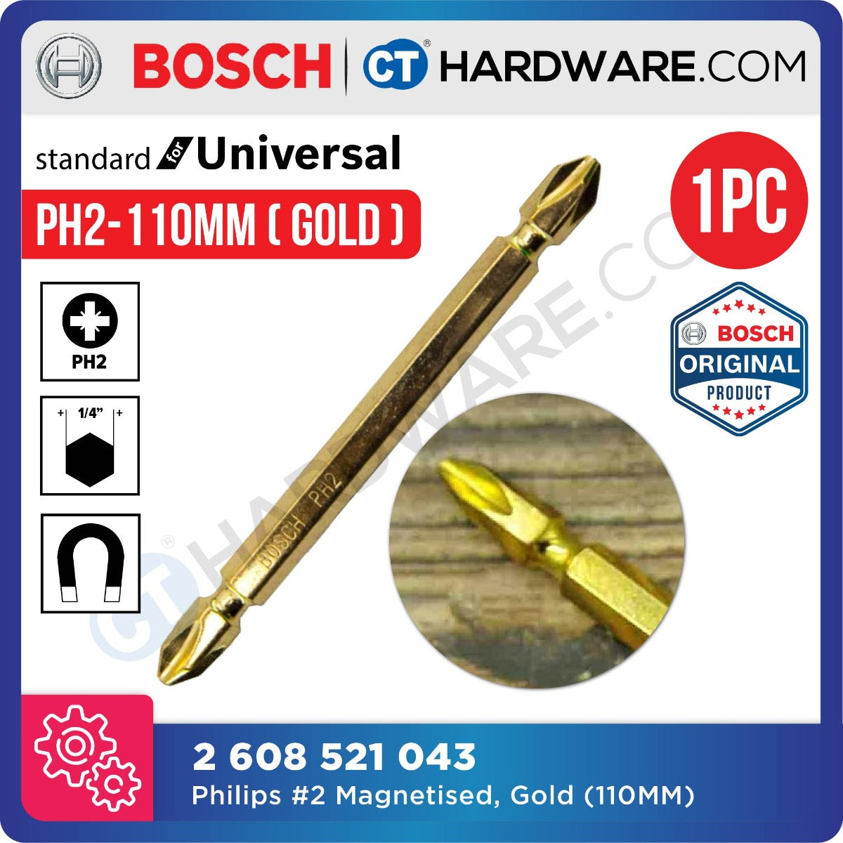 BOSCH SCREWDRIVER BIT PHILIPS #2, MAGNETISED GOLD SIZE 45 MM | 65 MM | 110 MM - 1PC