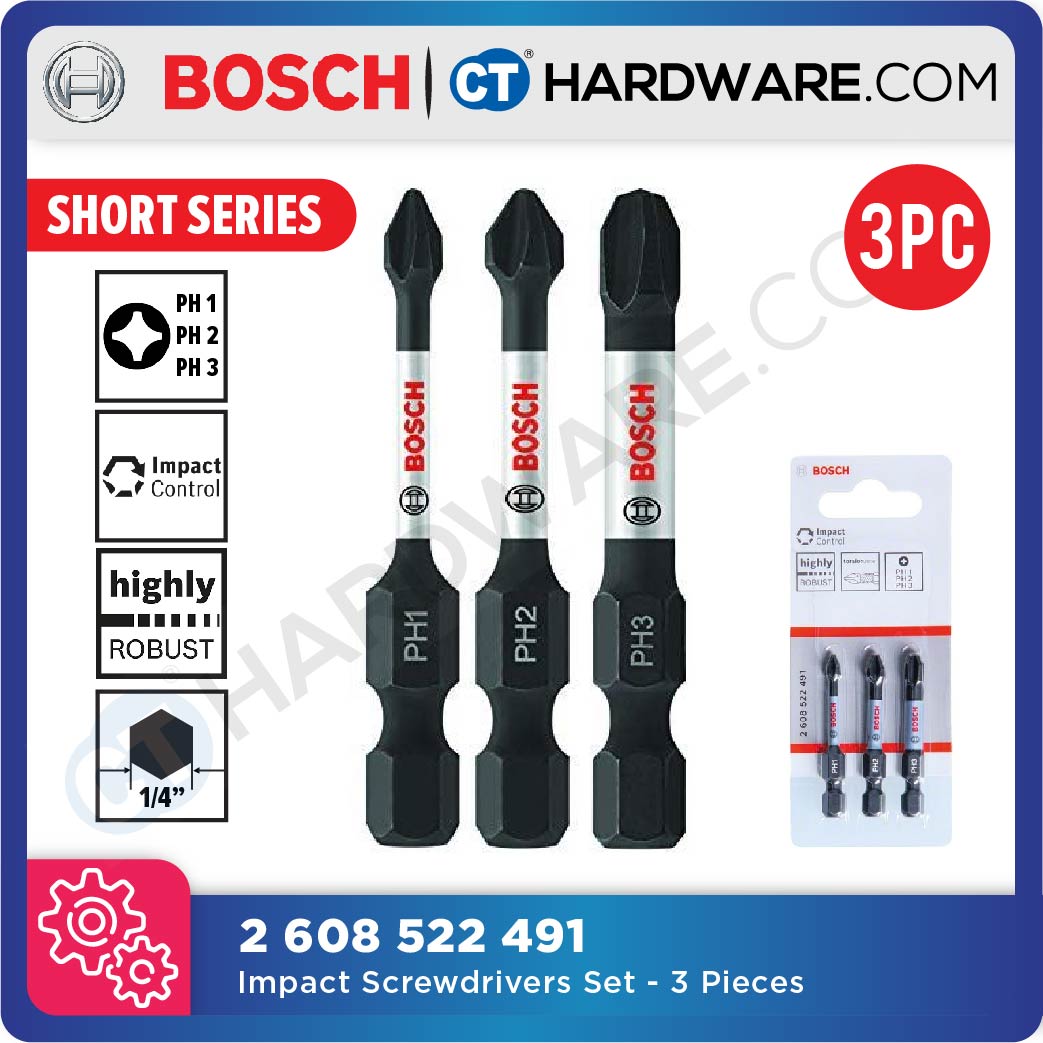 BOSCH 2 608 522 491 IMPACT SCREWDRIVER BITS PH1 | PH2 | PH3 | SHORT SERIES [  2608522491 ] - 3PC