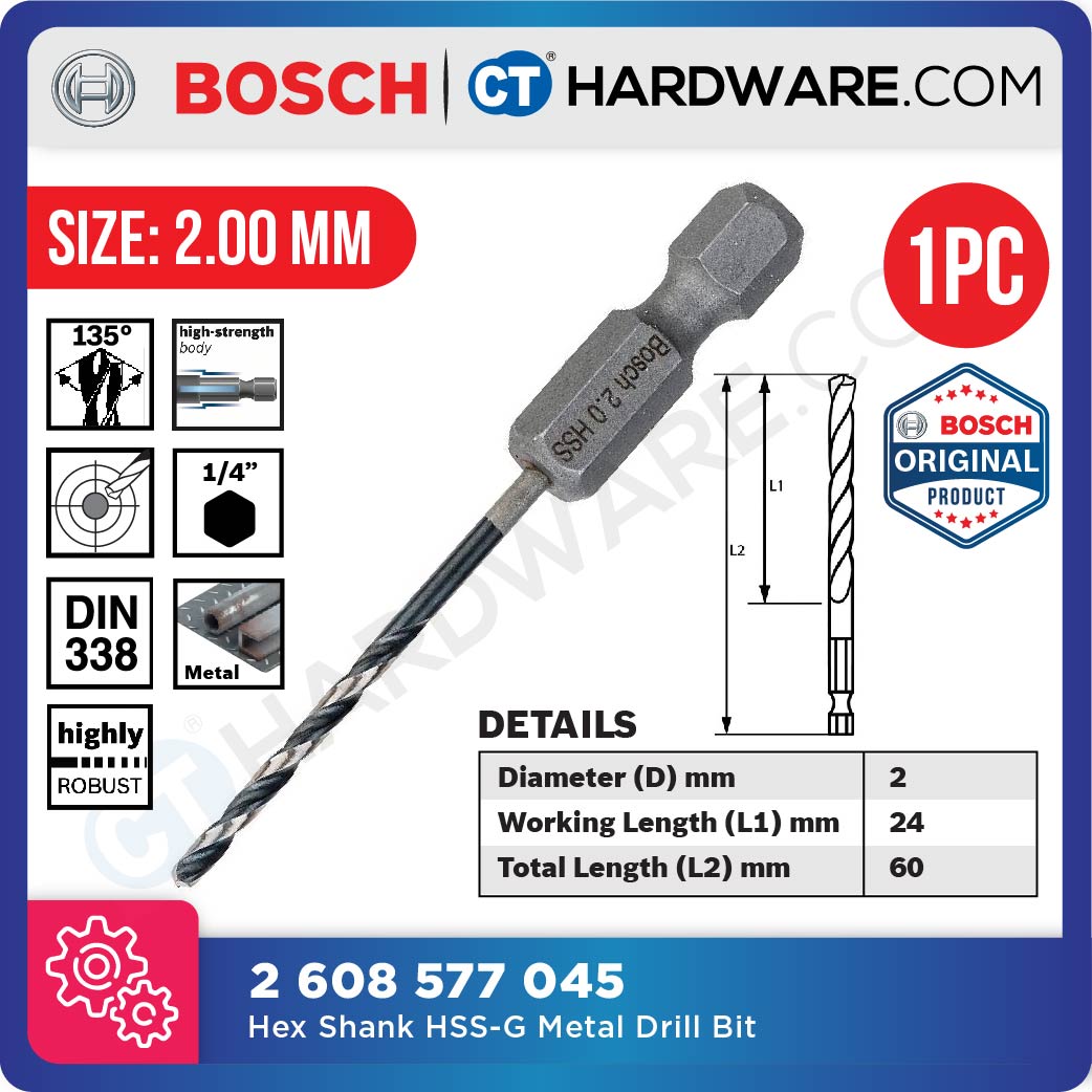 BOSCH IMPACT CONTROL HEX SHANK HSS-G METAL DRILL BIT 1/4" |  SIZE 2-8 MM [ 1PC ]