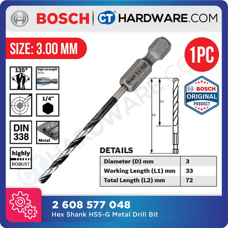 BOSCH IMPACT CONTROL HEX SHANK HSS-G METAL DRILL BIT 1/4" |  SIZE 2-8 MM [ 1PC ]