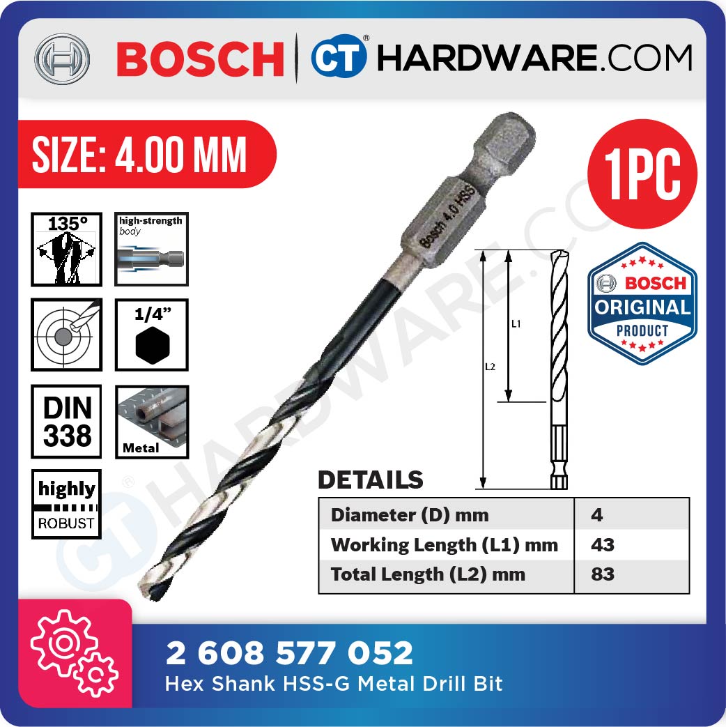 BOSCH IMPACT CONTROL HEX SHANK HSS-G METAL DRILL BIT 1/4" |  SIZE 2-8 MM [ 1PC ]