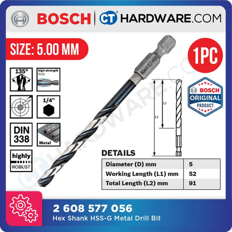 BOSCH IMPACT CONTROL HEX SHANK HSS-G METAL DRILL BIT 1/4" |  SIZE 2-8 MM [ 1PC ]