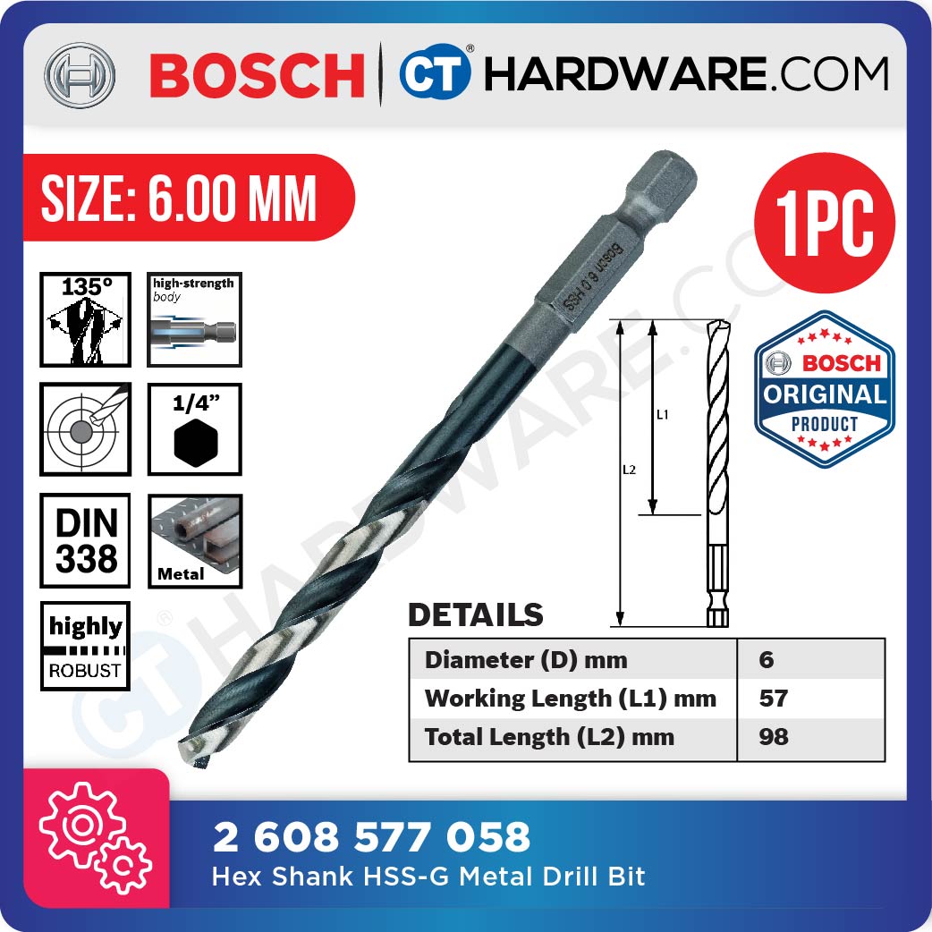 BOSCH IMPACT CONTROL HEX SHANK HSS-G METAL DRILL BIT 1/4" |  SIZE 2-8 MM [ 1PC ]