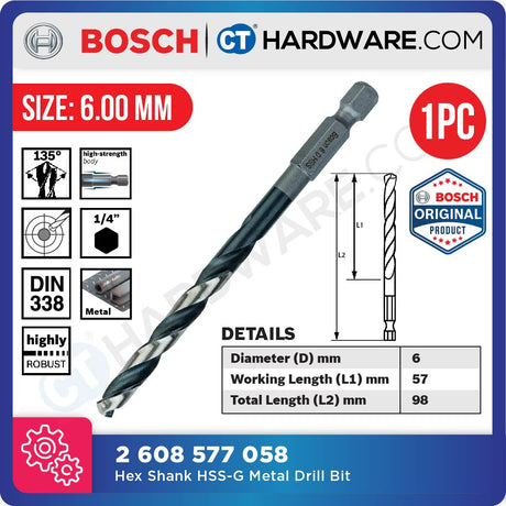 BOSCH IMPACT CONTROL HEX SHANK HSS-G METAL DRILL BIT 1/4" |  SIZE 2-8 MM [ 1PC ]