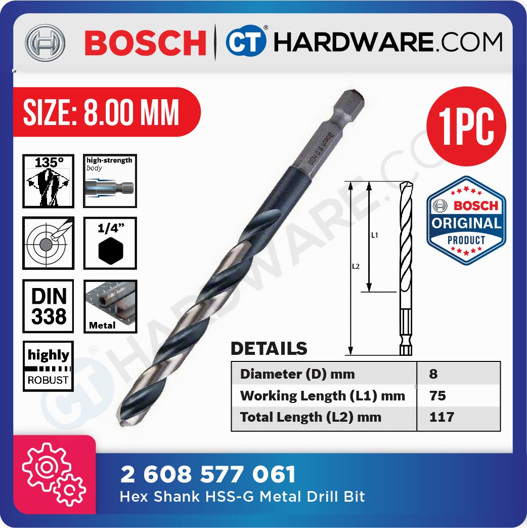 BOSCH IMPACT CONTROL HEX SHANK HSS-G METAL DRILL BIT 1/4" |  SIZE 2-8 MM [ 1PC ]