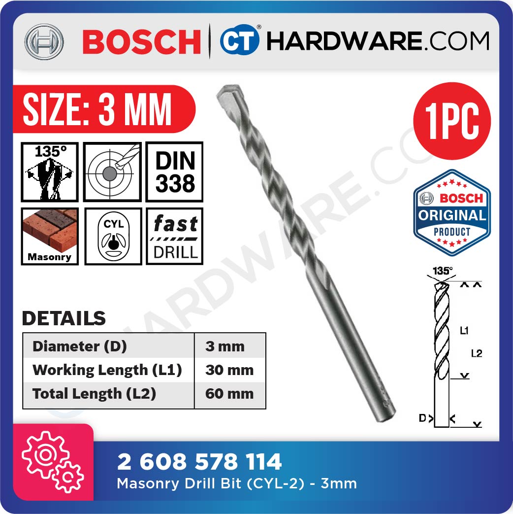 BOSCH MASONRY CYL-2 STRAIGHT SHANK DRILL BIT SIZE 3 TO 16 MM - 1PC