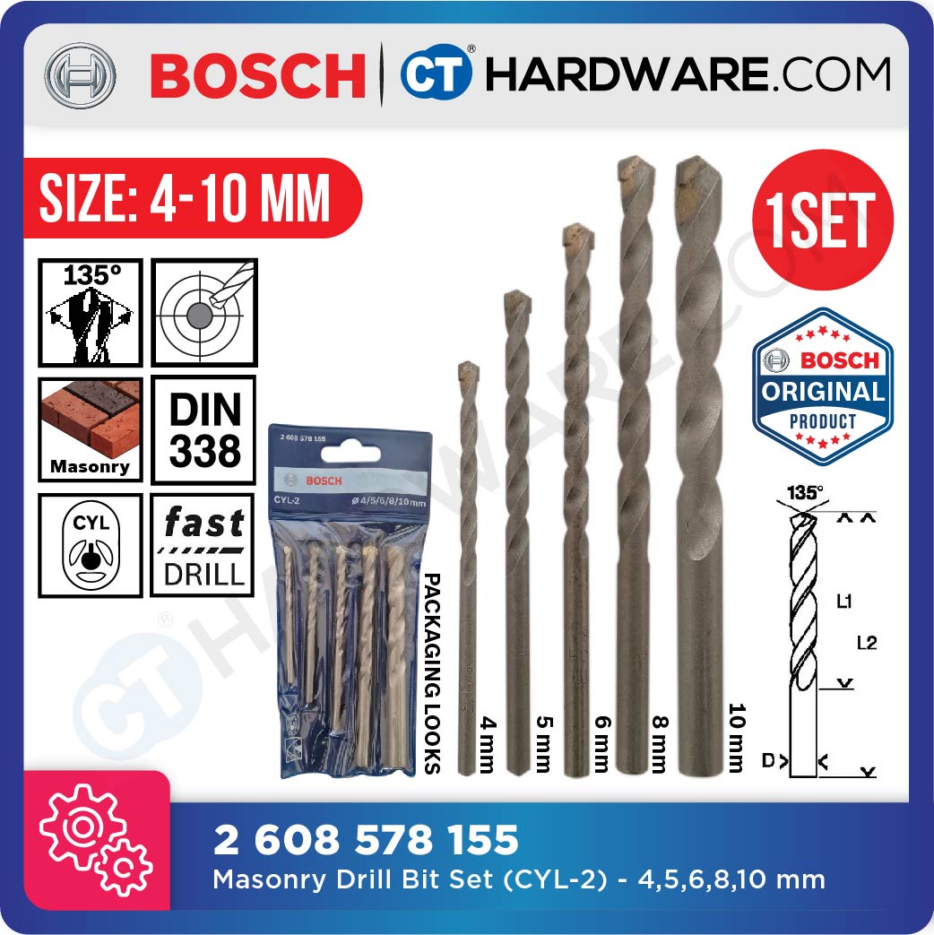 BOSCH 2 608 578 155 MASONRY ( CYL-2 ) STRAIGHT SHANK DRILL BIT SET 4 MM, 5 MM, 6 MM, 8 MM, 10 MM - [  2608578155  ]