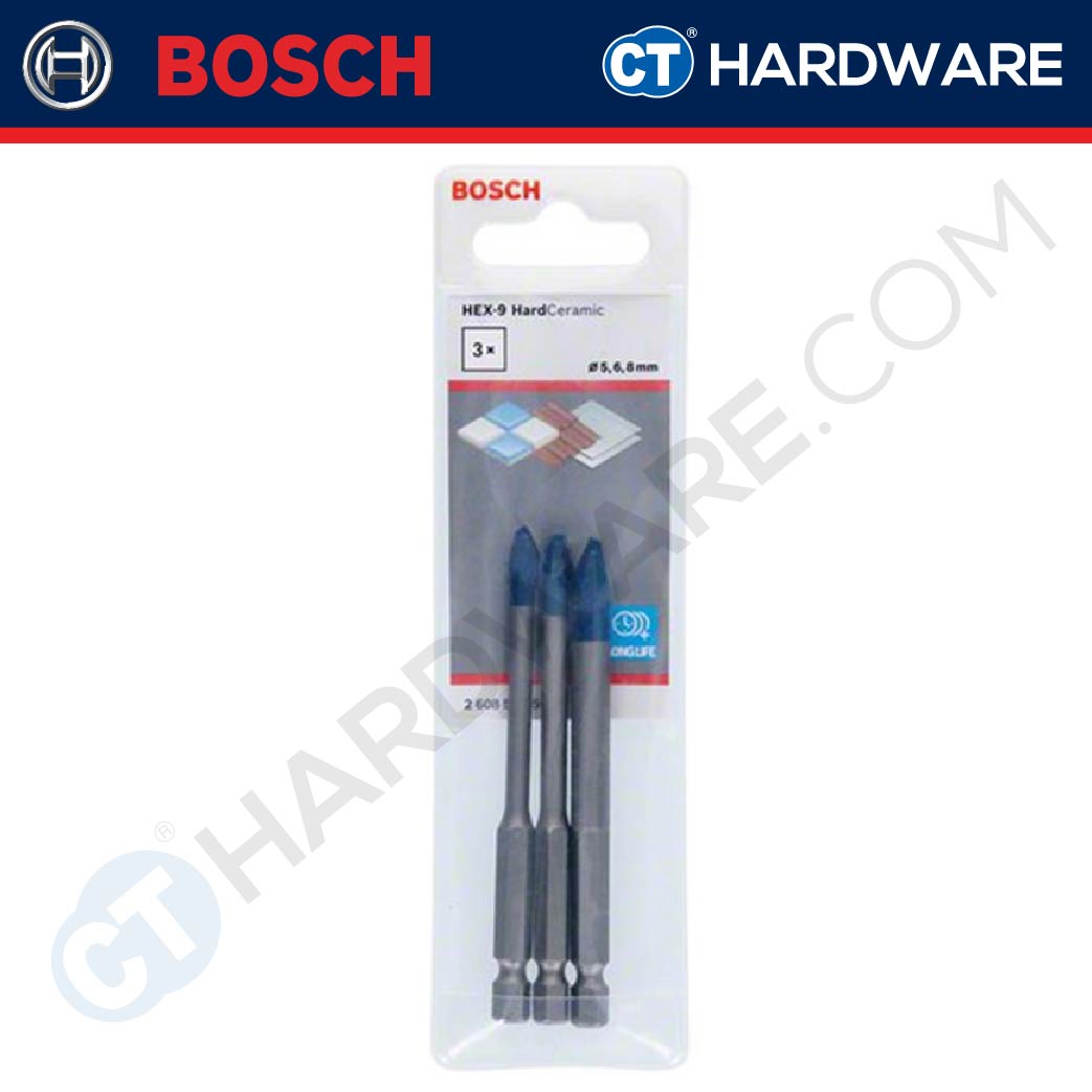 BOSCH 2608579511 HEX-9 HARD CERAMIC TILE DRILL BIT SET  5/6/8 X 90MM HEXAGON SHANK [ 3PC IN 1PACK ]