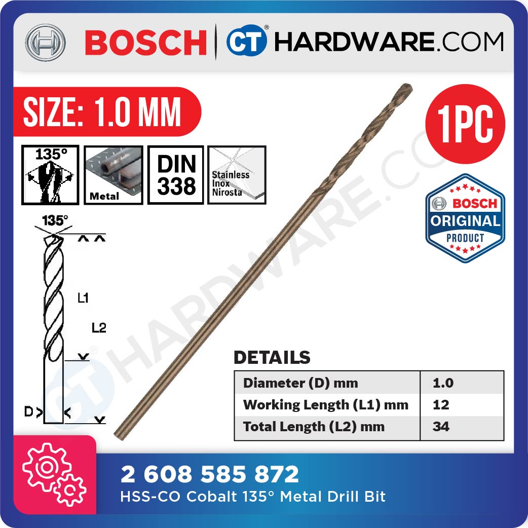 BOSCH HSS-G COBALT DRILL BIT 135° METAL DRILL BIT SIZE 1.0 MM TO 4.0 MM - 1PC