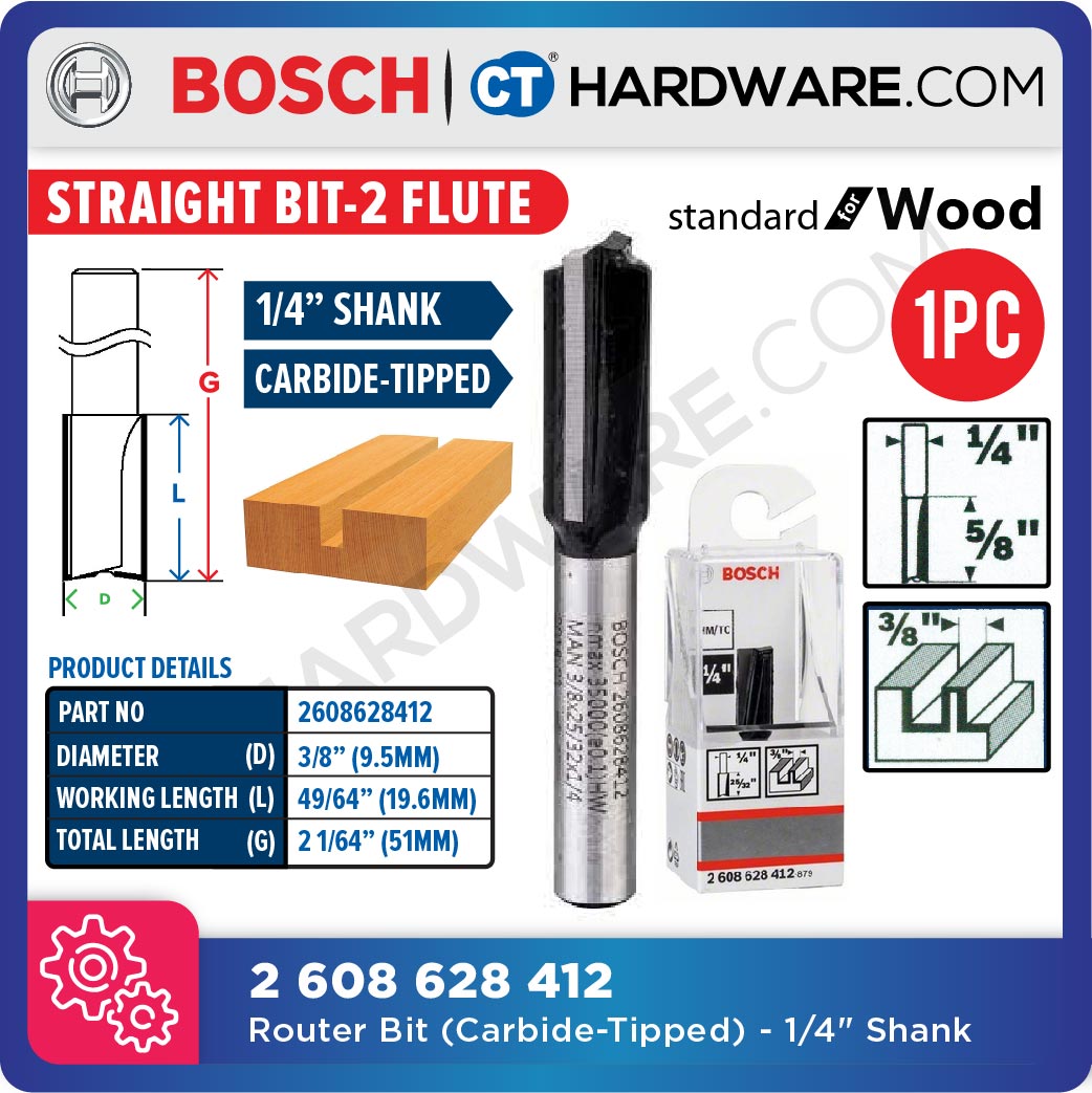 Bosch Carbide-Tipped Router Bit - Straight Bit, 2-flute (Diameter - 9.5mm) 2608628412