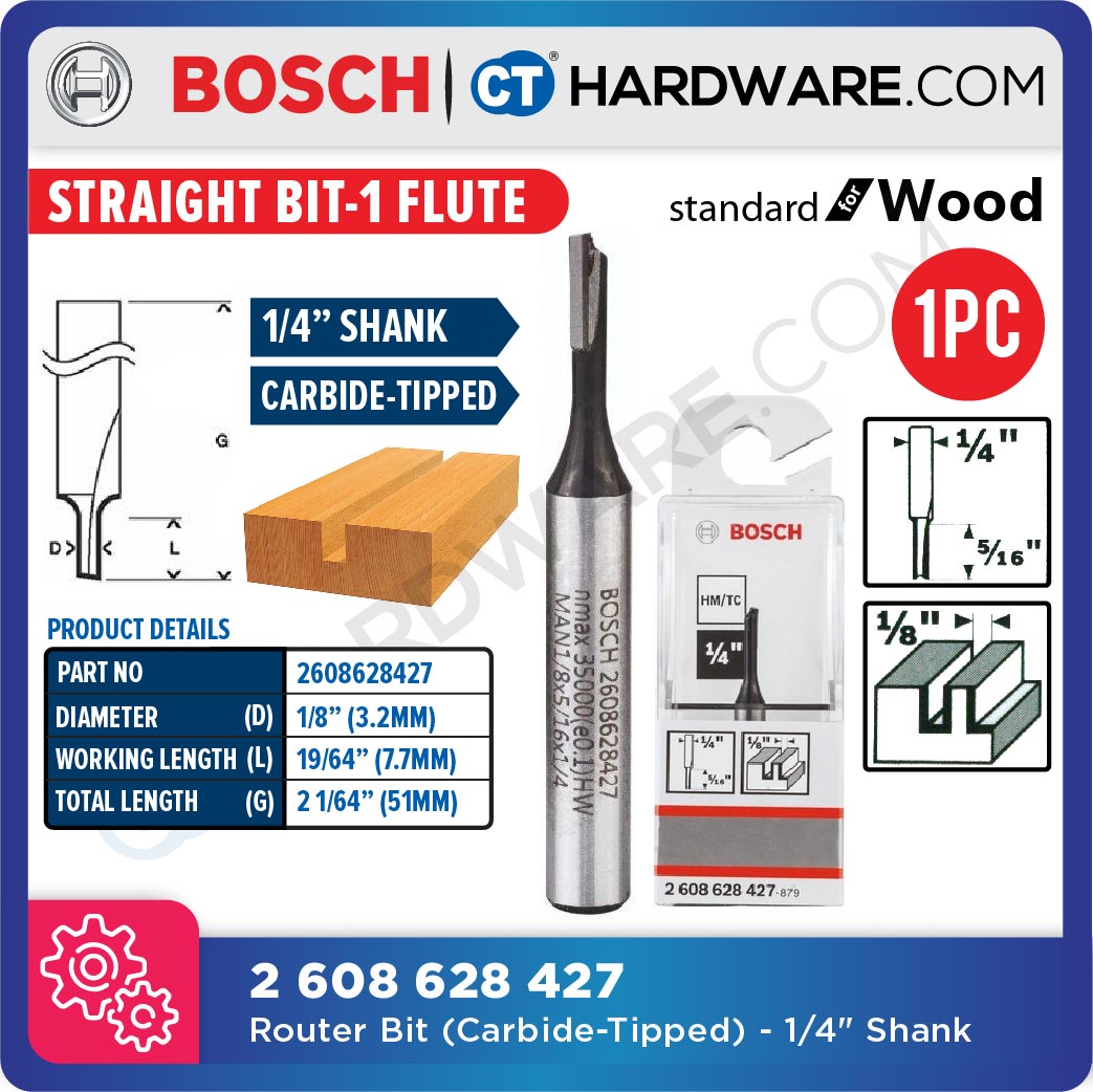 Bosch Carbide-Tipped Router Bit - Straight Bit, 1-flute (Diameter - 7.7mm) 2608628427