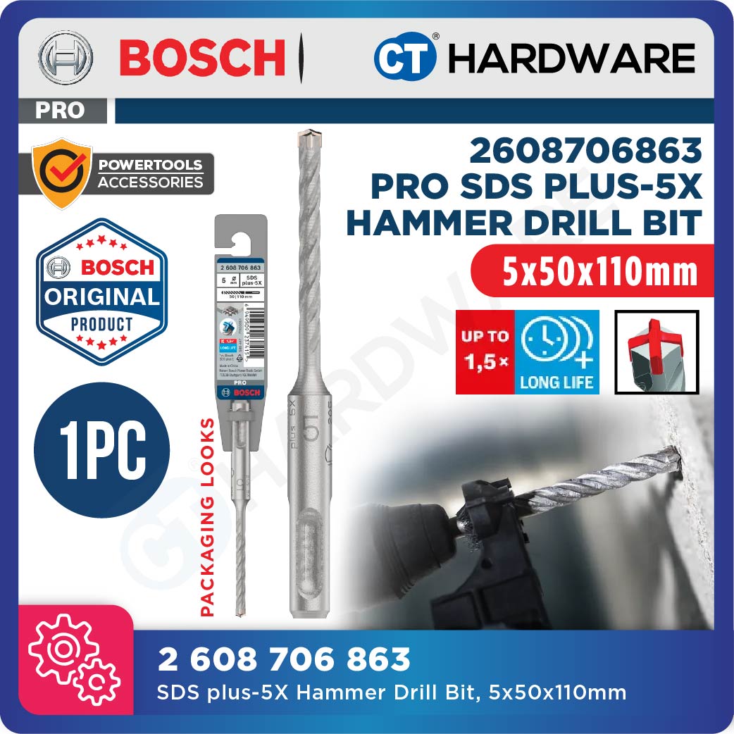 BOSCH PRO SDS Plus-5X Hammer Drill Bit Size 5mm to 13mm for Rotary Hammer Accessories 4 Flutes Concrete Drill Bit - 1PC
