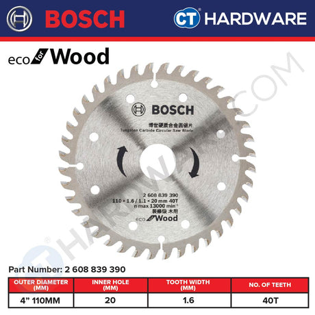 BOSCH 2 608 839 390  TCT SAW BLADE 110 (4") X 1.6 X 20MM | 40T | ECO TYPE | SUITABLE FOR WOOD [ 2608839390  ]