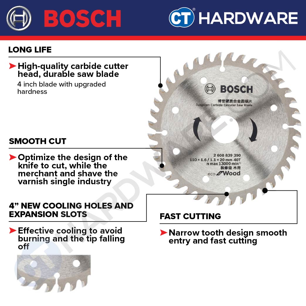 BOSCH 2 608 839 390  TCT SAW BLADE 110 (4") X 1.6 X 20MM | 40T | ECO TYPE | SUITABLE FOR WOOD [ 2608839390  ]