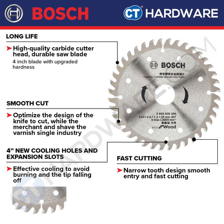 Bosch 2 608 839 390  TCT SAW BLADE 110 (4") X 1.6 X 20MM | 40T | ECO TYPE | SUITABLE FOR WOOD [ 2608839390  ]