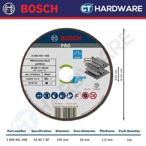 BOSCH 2608901468 CUTTING DISC 4" 105MM X 1MM X 16MM EXPERT FOR INOX (S/STEEL) - 1PC