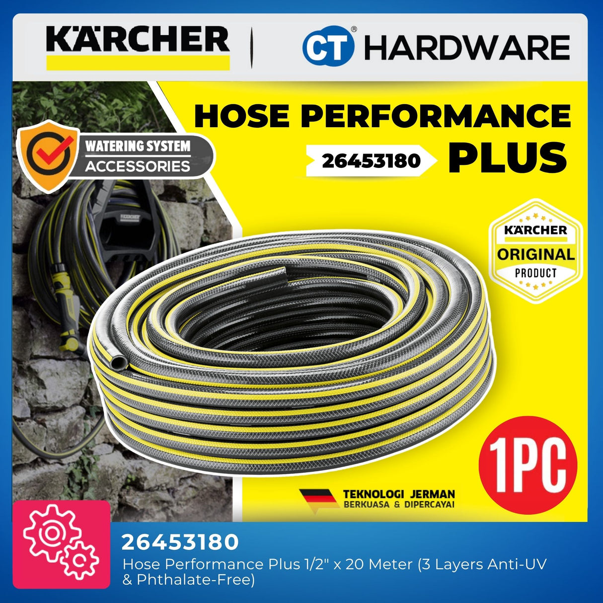 Karcher 26453180 Hose Performance Plus 20m 1/2" (3-Layer Reinforced, Anti-UV, Phthalate-Free)