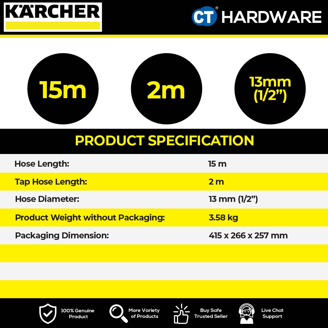 KARCHER 26453890 HOSE REEL HR1.15 COME WITH 1/2" 15M HOSE, NOZZLE, TAP & HOSE C'TORS, TAP HOSE 2M [ WALL BRACKET ]