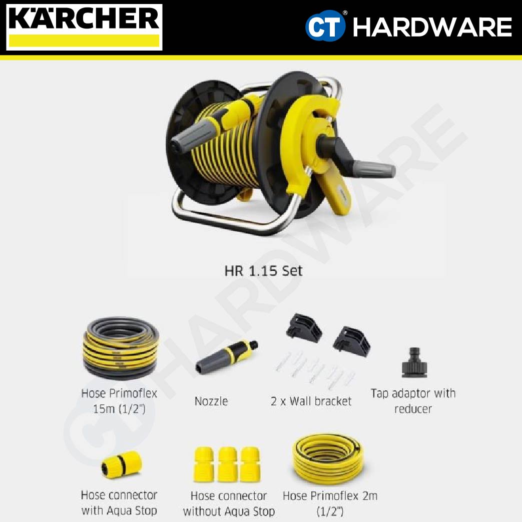 KARCHER 26453890 HOSE REEL HR1.15 COME WITH 1/2" 15M HOSE, NOZZLE, TAP & HOSE C'TORS, TAP HOSE 2M [ WALL BRACKET ]