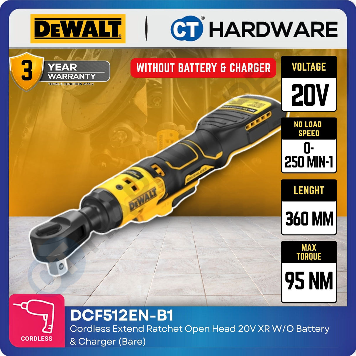 DEWALT DCF512EN-B1 20V XR Cordless Extended Open Head Ratchet Bare Unit