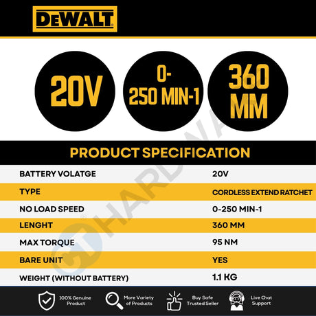 DEWALT DCF512EN-B1 20V XR Cordless Extended Open Head Ratchet Bare Unit