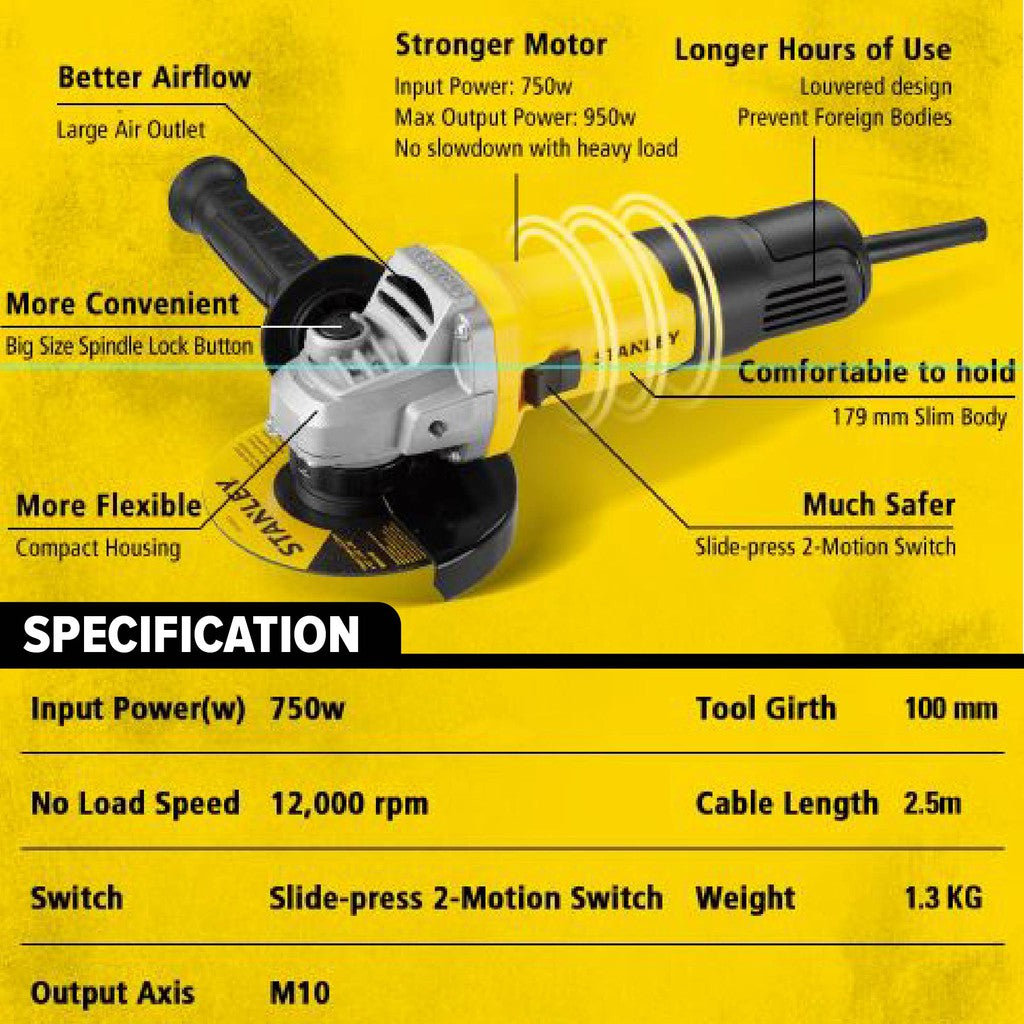 STANLEY SG7100 CORDED SLIM SMALL ANGLE GRINDER 750W 100MM 12000RPM [ STGS6100 REPLACEMENT ]