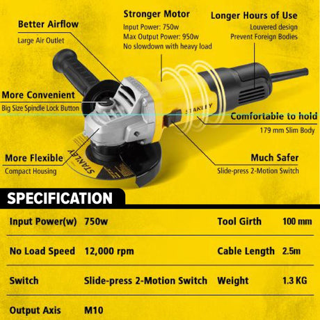 STANLEY SG7100 CORDED SLIM SMALL ANGLE GRINDER 750W 100MM 12000RPM [ STGS6100 REPLACEMENT ]