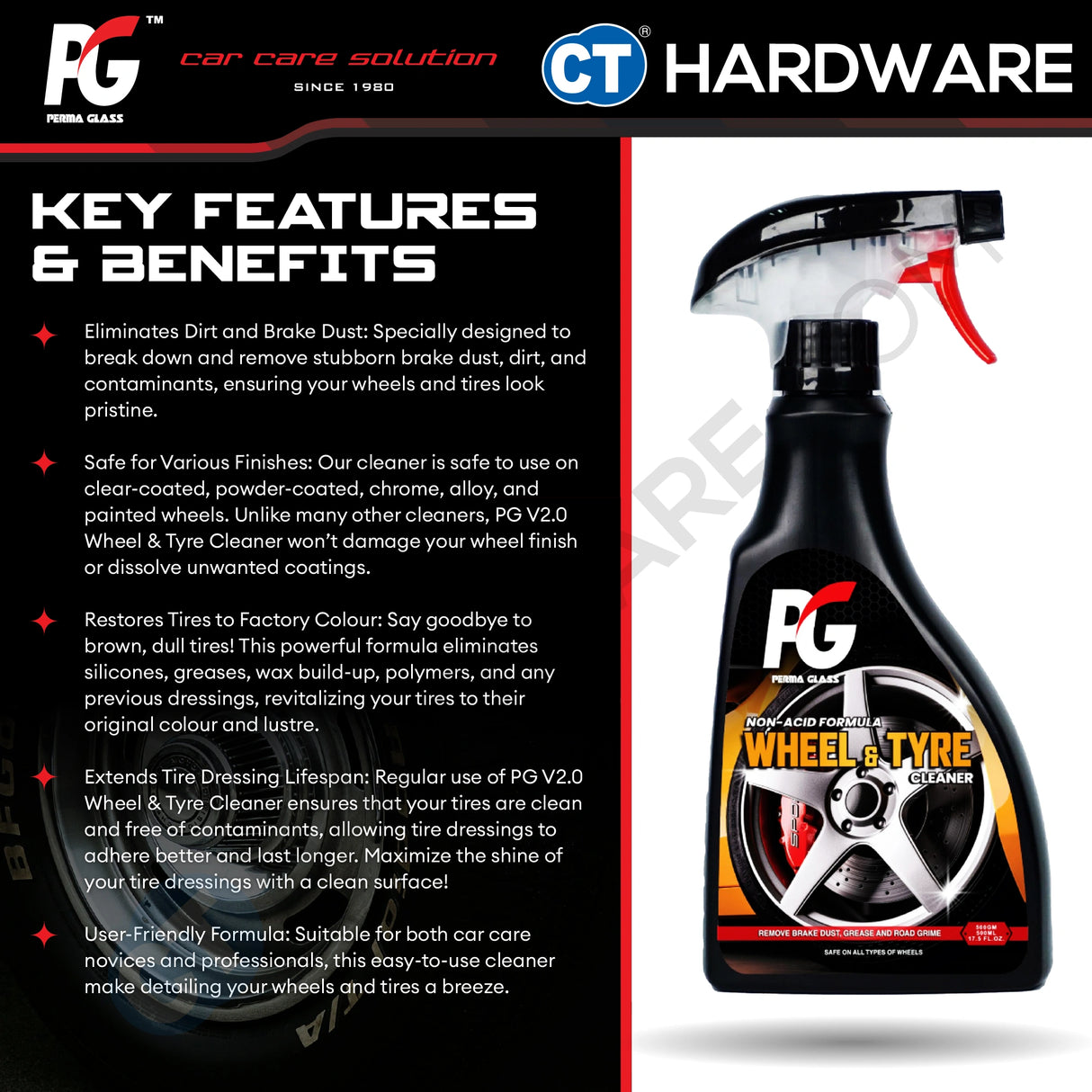 PG Perma Glass PG7882625 Wheel & Tyre Cleaner Non Acid Formula 500ml [ 9556817882625 ]