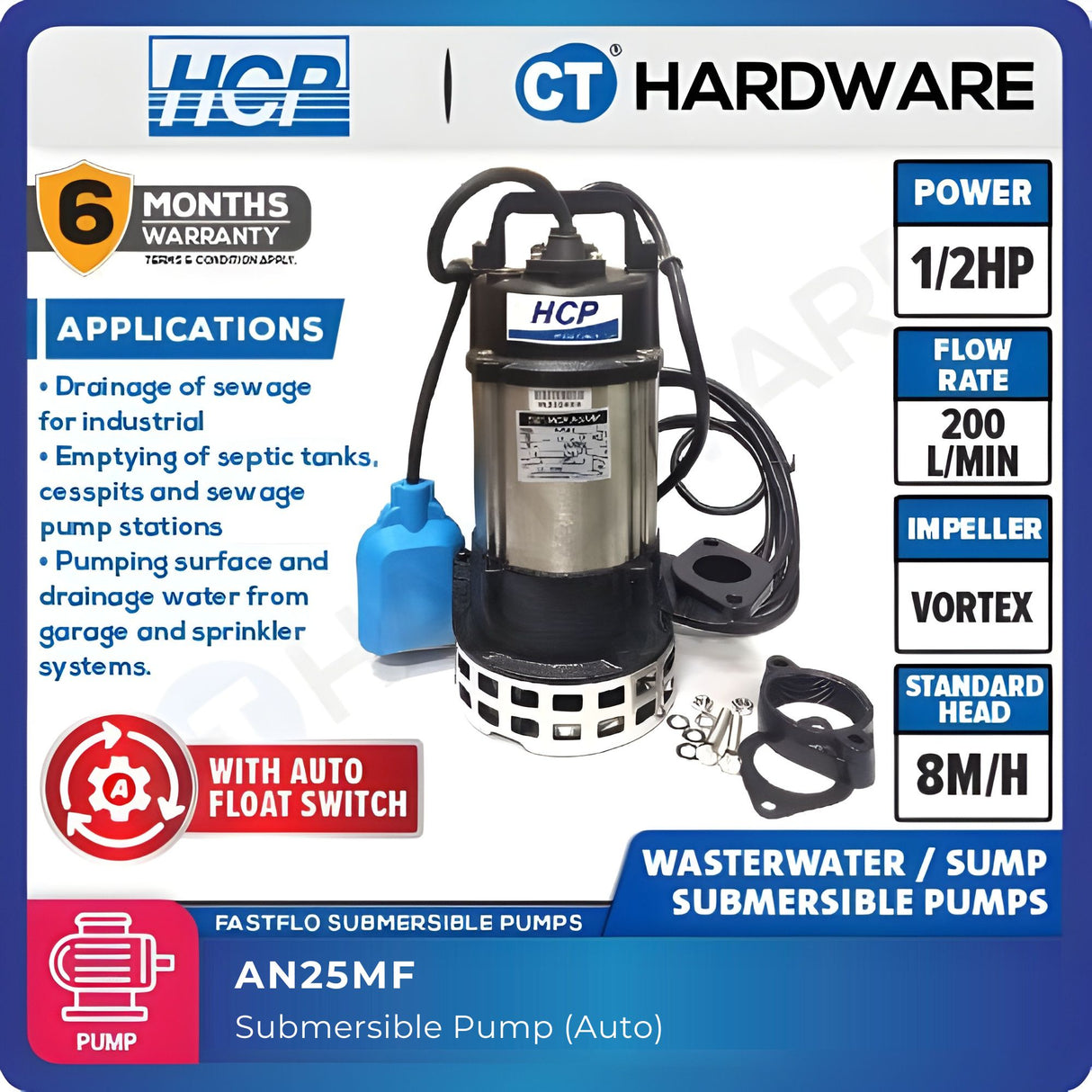 HCP AN25MF SUBMERSIBLE SEWAGE EFFLUENT PUMPS 2" | 1/2HP | 200L/MIN | AUTO [ F05AF ]