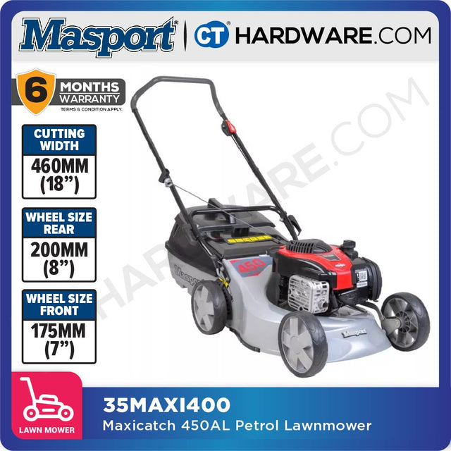 Masport 35MAXI400 petrol lawn mower with Briggs & Stratton 450E engine and rear grass catcher
