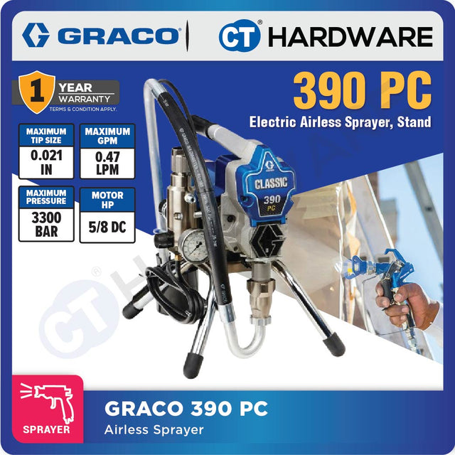 Graco 390 PC Classic electric airless paint sprayer on stand