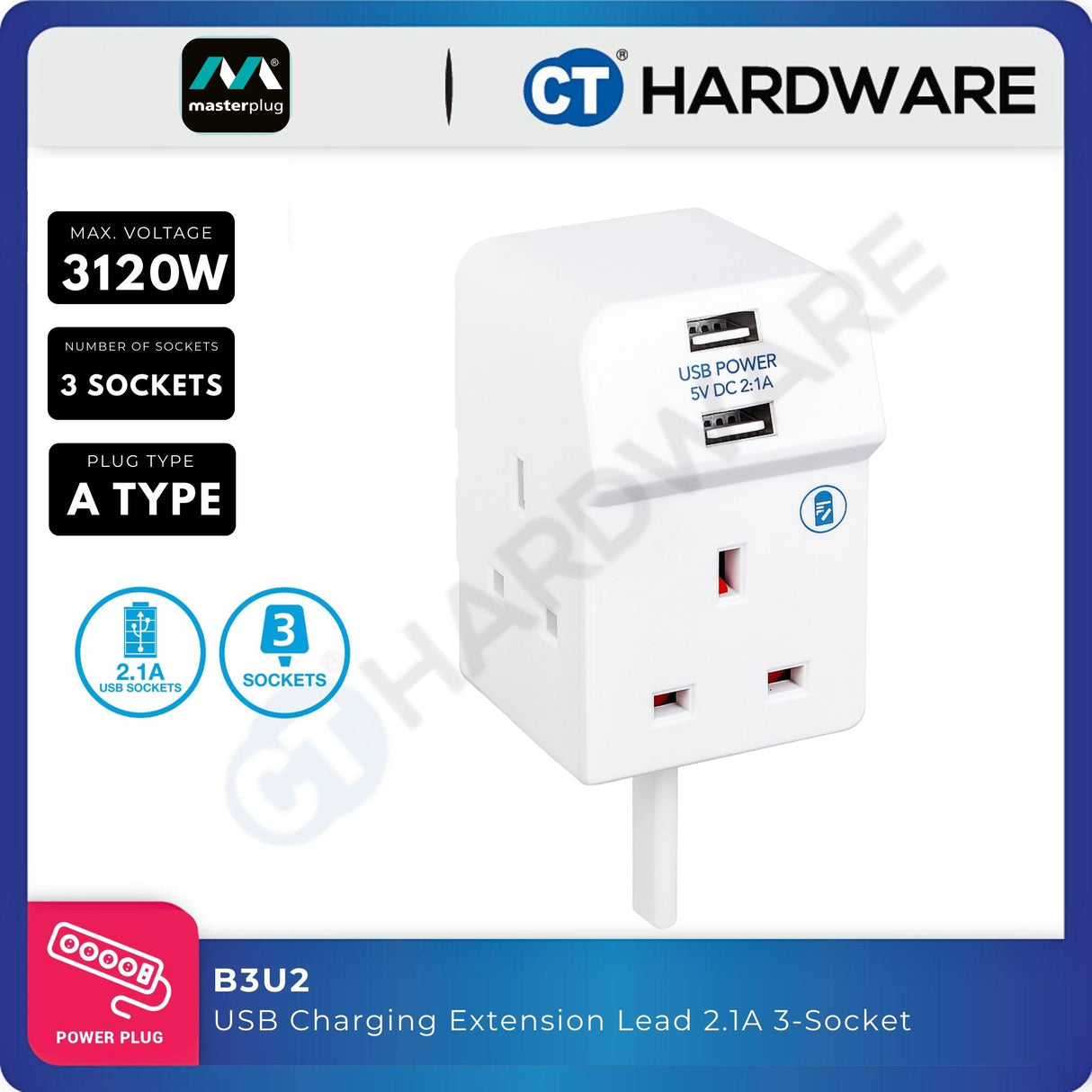 Masterplug B3U2 3-Socket 13A Extension Lead | 2 USB 2.1A (2m)