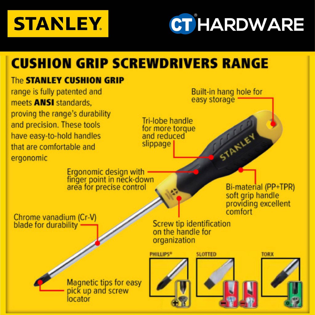 STANLEY STMT608 CUSHION GRIP SCREWDRIVER PHILIPS #3 SIZE PH3 x 150MM TO PH3 x 250MM