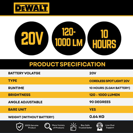 DEWALT DCL043N-KR 20V MAX XR Cordless LED Spot Light Bare Unit