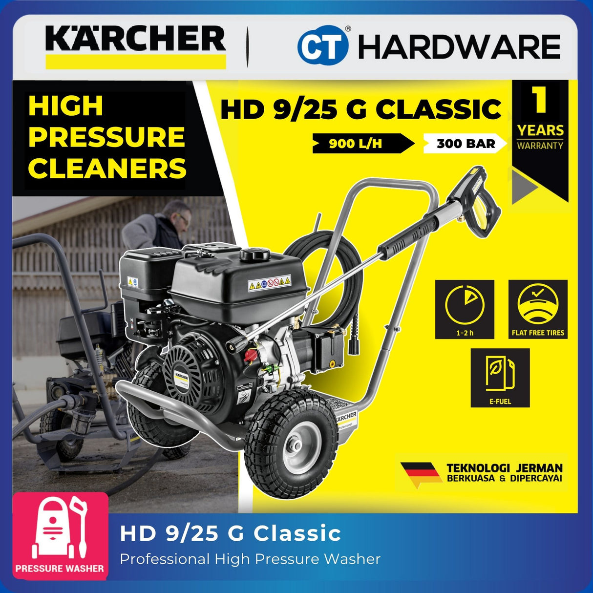 Kärcher HD 9/25 G Classic Petrol High Pressure Washer | 250 bar | 900 L/h Flow | Cold Water Cleaner