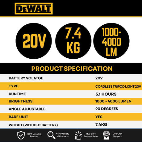 DEWALT DCL079N-B1 20V MAX XR Cordless LED Tripod Light Bare Unit