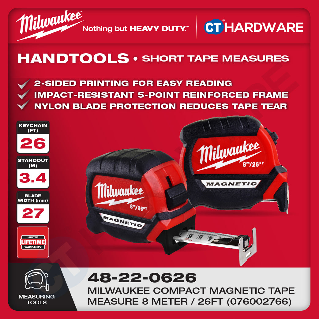 Milwaukee Short Tape Measures | Keychain Tape Measure 6FT/2M | Compact Magnetic Tape Measure 16FT/5M & 26FT/8 | STUD™ Tape Measure 35FT/10M | Measuring Tools | Alat Pengukur
