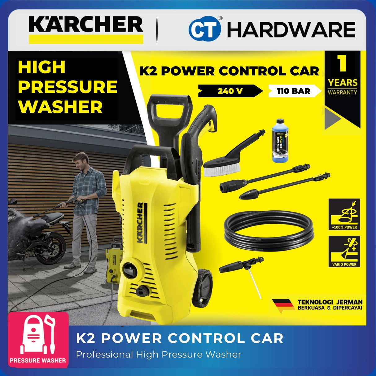 Kärcher K2 Power Control Car 1.4 kW 110 Bar High Pressure Washer Kit – 5 m Hose + Cleaning Kit + Car Shampoo (16736080)