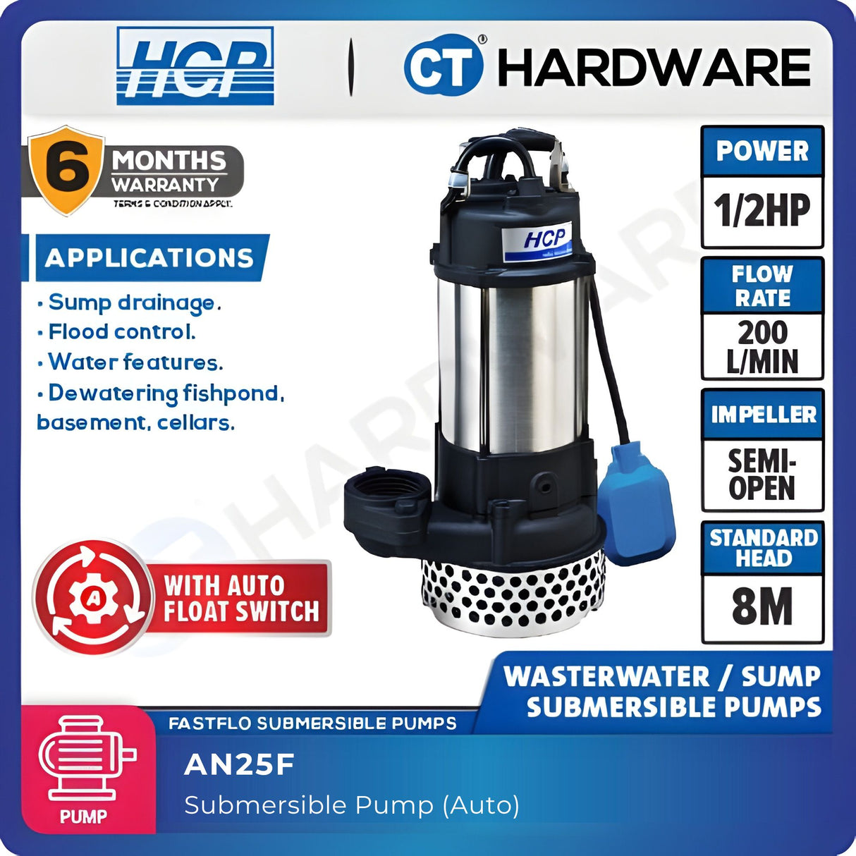 HCP AN25F SUBMERSIBLE WASTEWATER SUMP PUMP 2" | 1/2HP | MAX 200L/MIN| AUTO [ A05BF ]