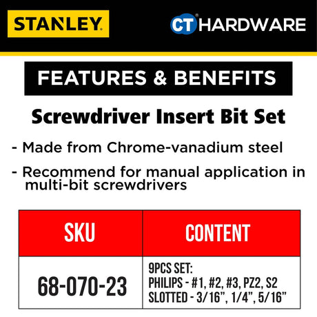 Stanley 68-070-23 Screwdriver Insert Bit 9 pcs Set