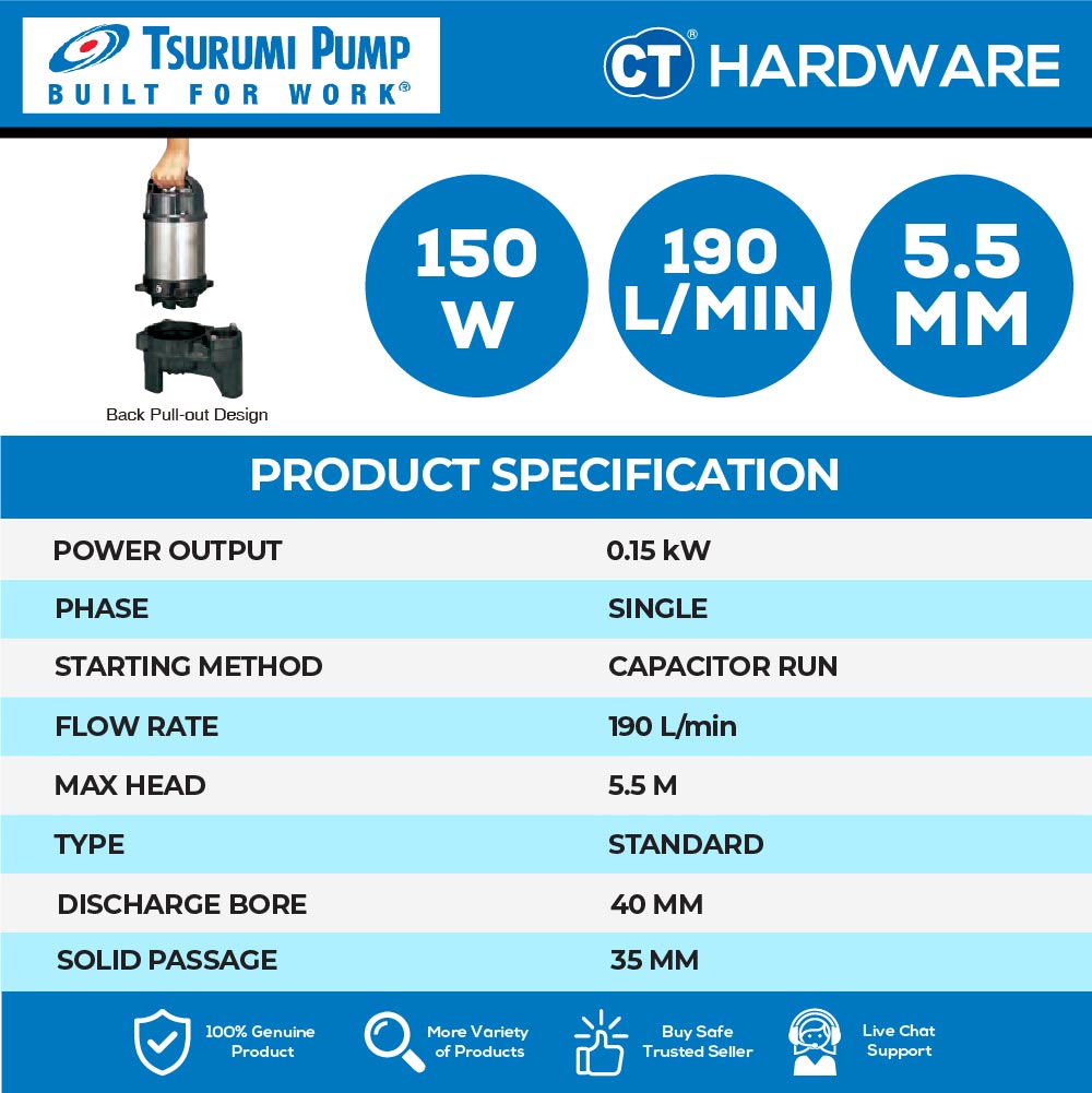 TSURUMI 50NHPU215S SUBMERSIBLE PUMP 150W | 230V | 190L/M | 5.7M/H 2"  ( NHPU SERIES )